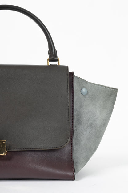 Celine Trapeze Medium Brown, Burgundy & Grey Leather & Suede Tote