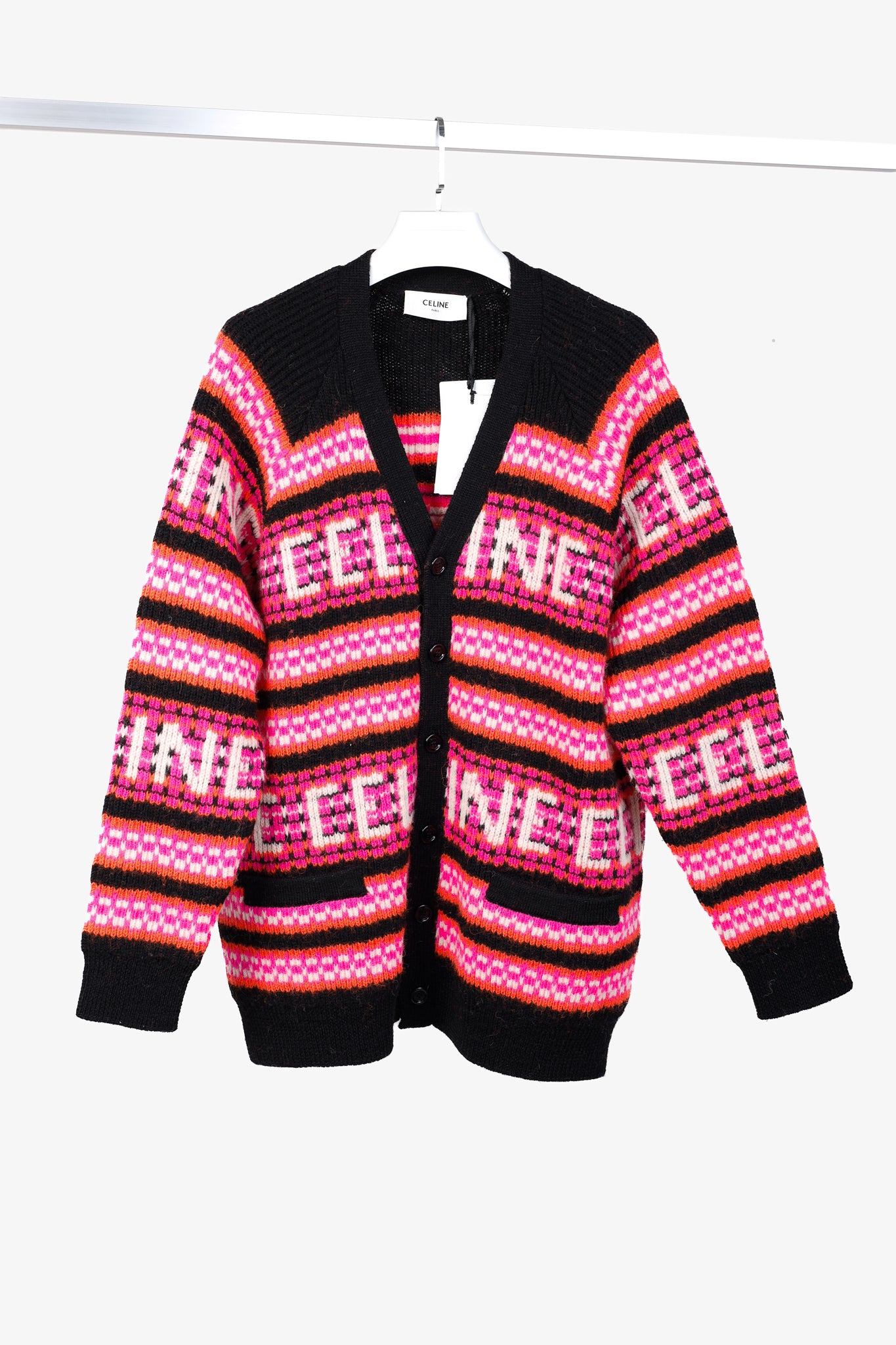 Celine Pink Striped Jacquard-Knit Wool Ski Cardigan