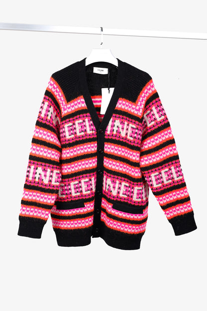 Celine Pink Striped Jacquard-Knit Wool Ski Cardigan