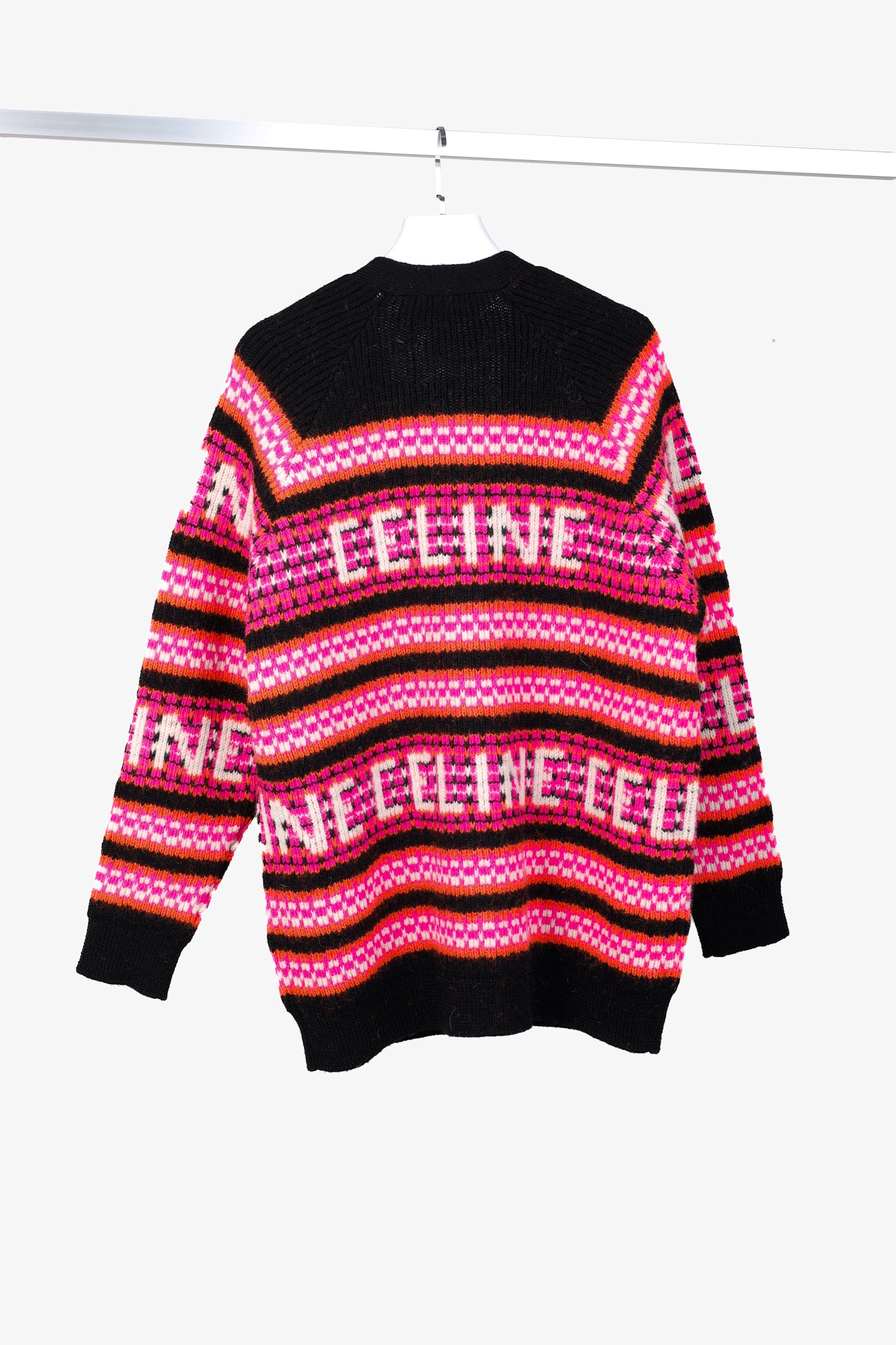 Celine Pink Striped Jacquard-Knit Wool Ski Cardigan