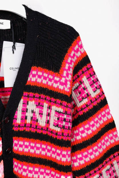 Celine Pink Striped Jacquard-Knit Wool Ski Cardigan