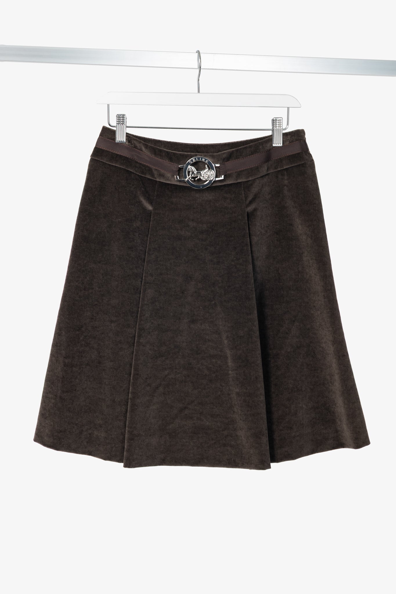 Celine Brown Velvet Buckled Pleated Mini Skirt