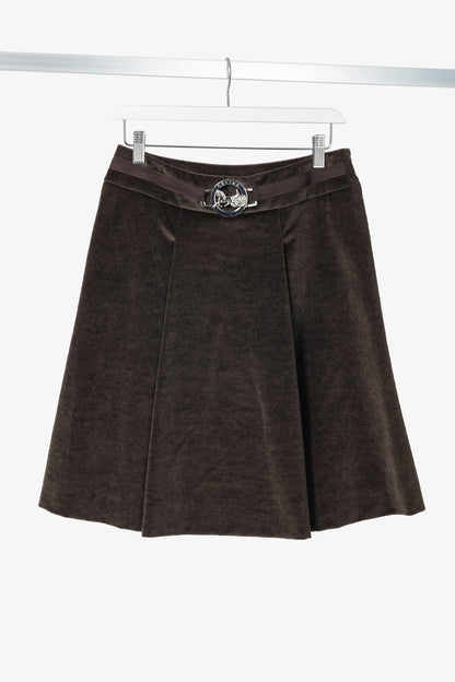 Celine Brown Velvet Buckled Pleated Mini Skirt