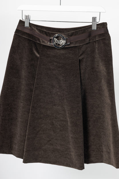 Celine Brown Velvet Buckled Pleated Mini Skirt