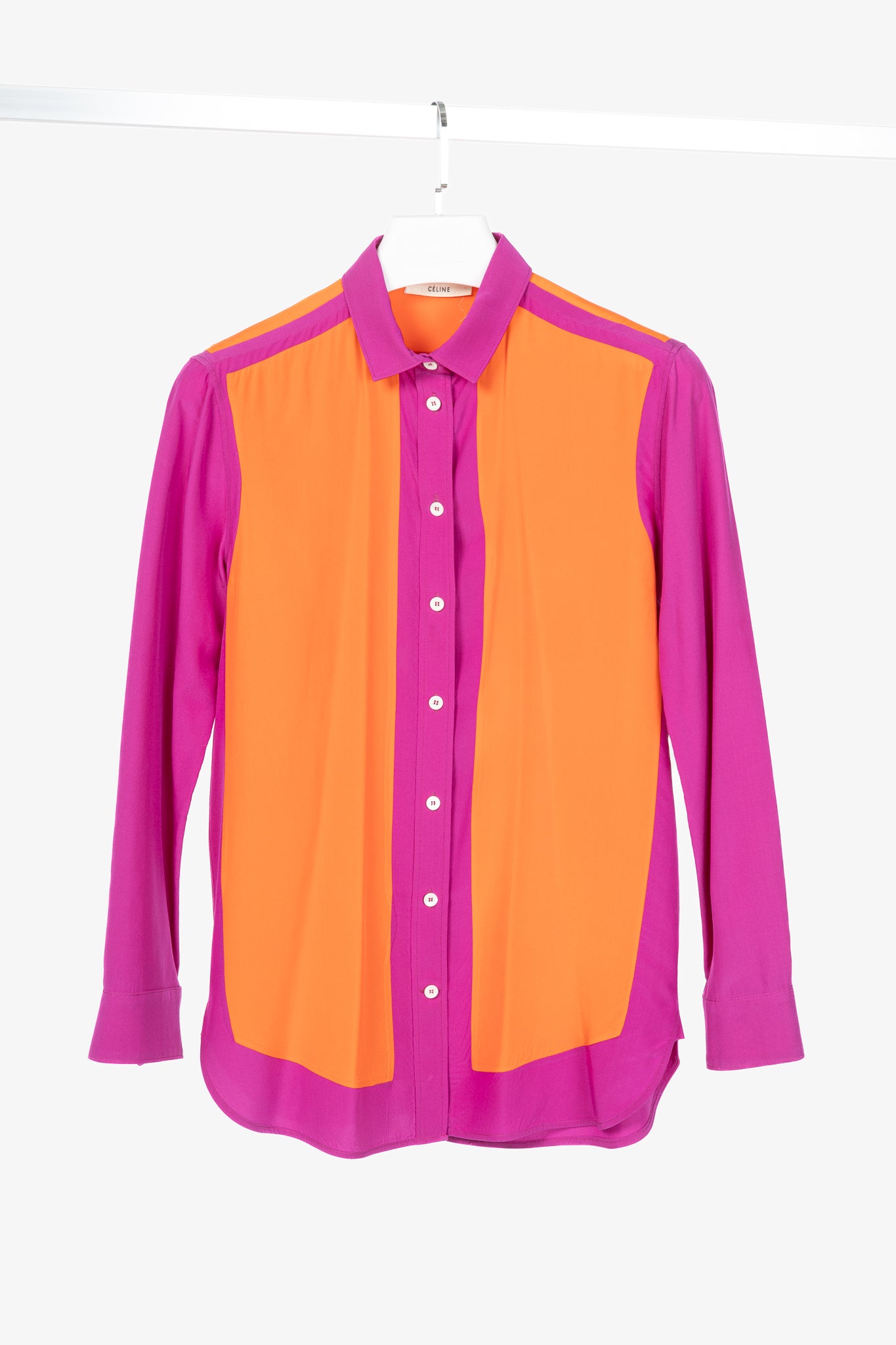 Celine SS13 Orange & Pink Colourblock Silk Buttoned Plastron Shirt