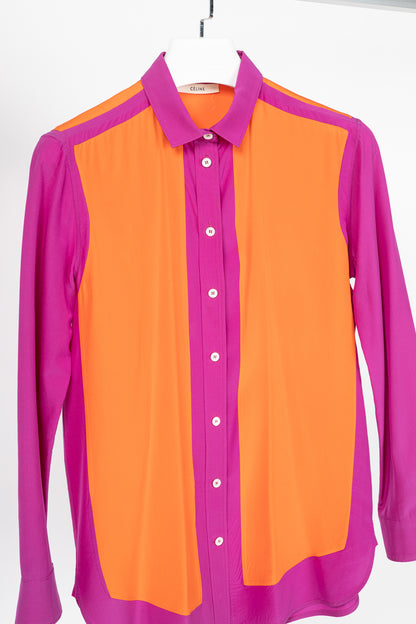 Celine SS13 Orange & Pink Colourblock Silk Buttoned Plastron Shirt