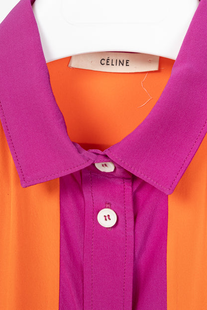 Celine SS13 Orange & Pink Colourblock Silk Buttoned Plastron Shirt