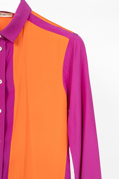 Celine SS13 Orange & Pink Colourblock Silk Buttoned Plastron Shirt