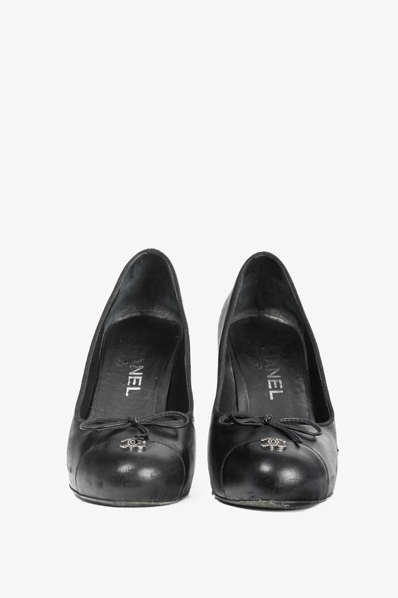 Chanel Black Leather CC-Cap-Toe Bow Pumps