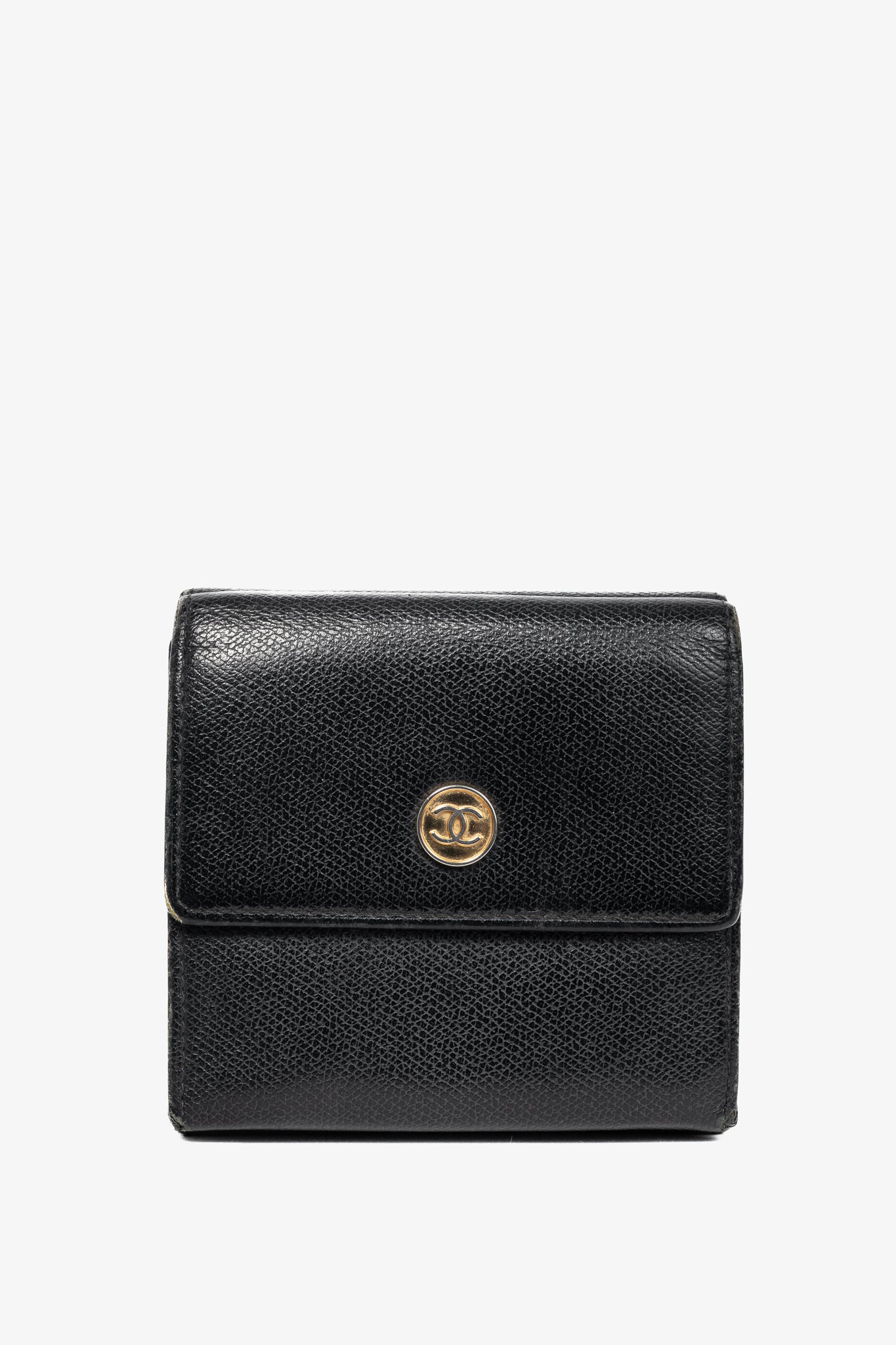 Chanel Black Leather Coco-Button Trifold Compact Wallet