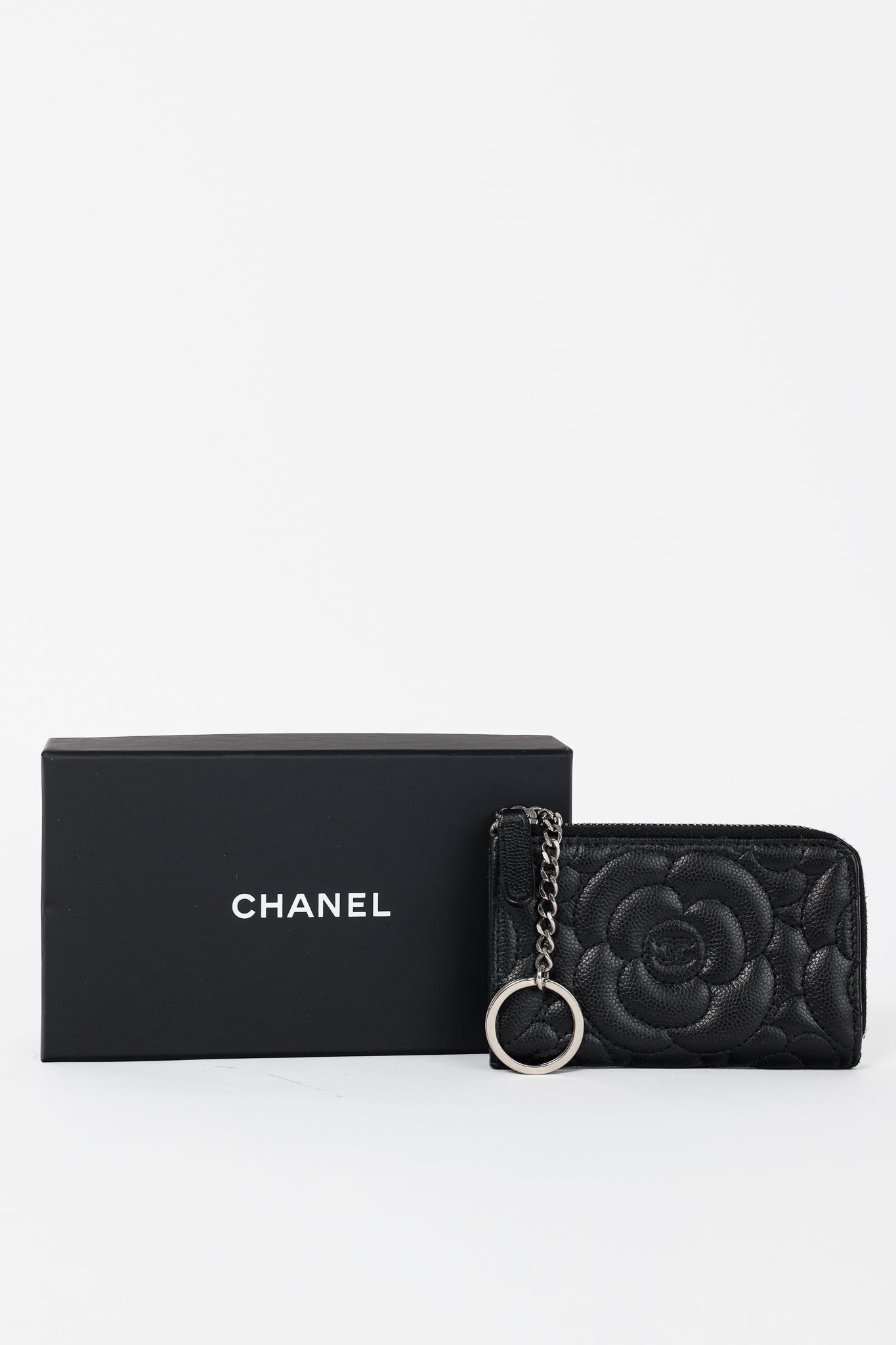 Chanel Black Caviar Leather Camellia-Embossed Key Holder