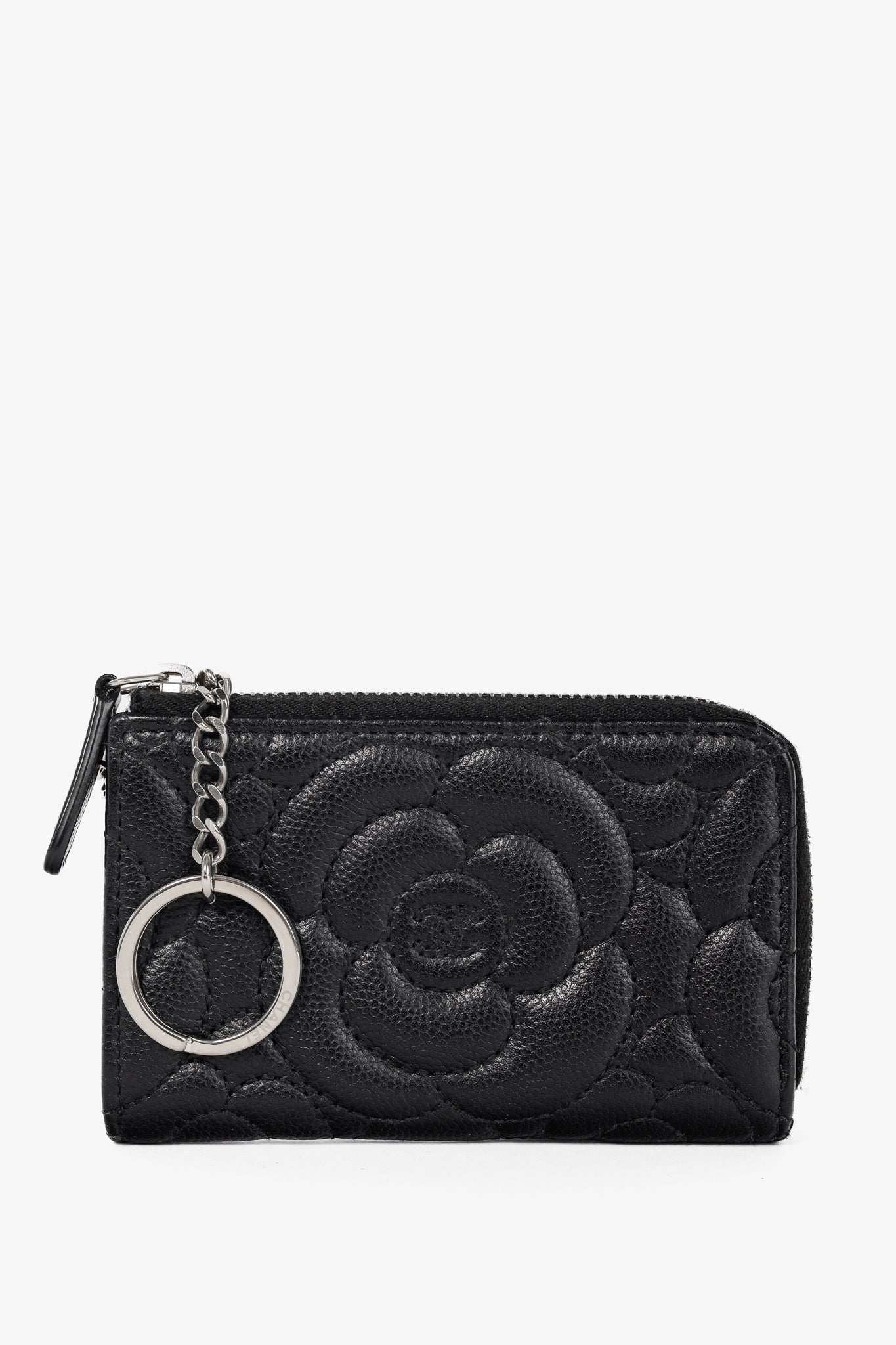 Chanel Black Caviar Leather Camellia-Embossed Key Holder
