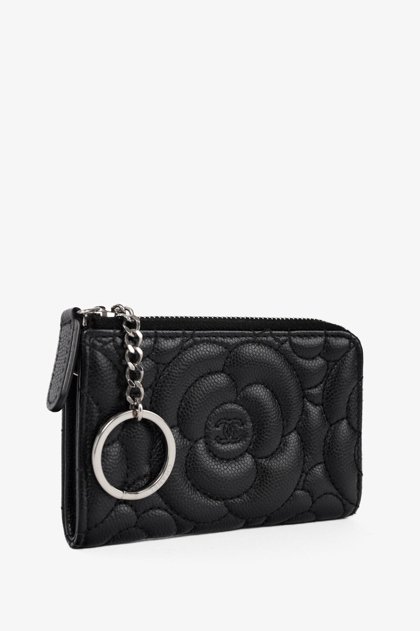 Chanel Black Caviar Leather Camellia-Embossed Key Holder