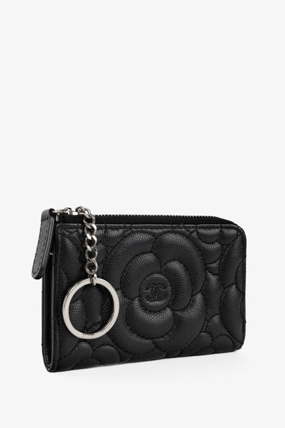 Chanel Black Caviar Leather Camellia-Embossed Key Holder