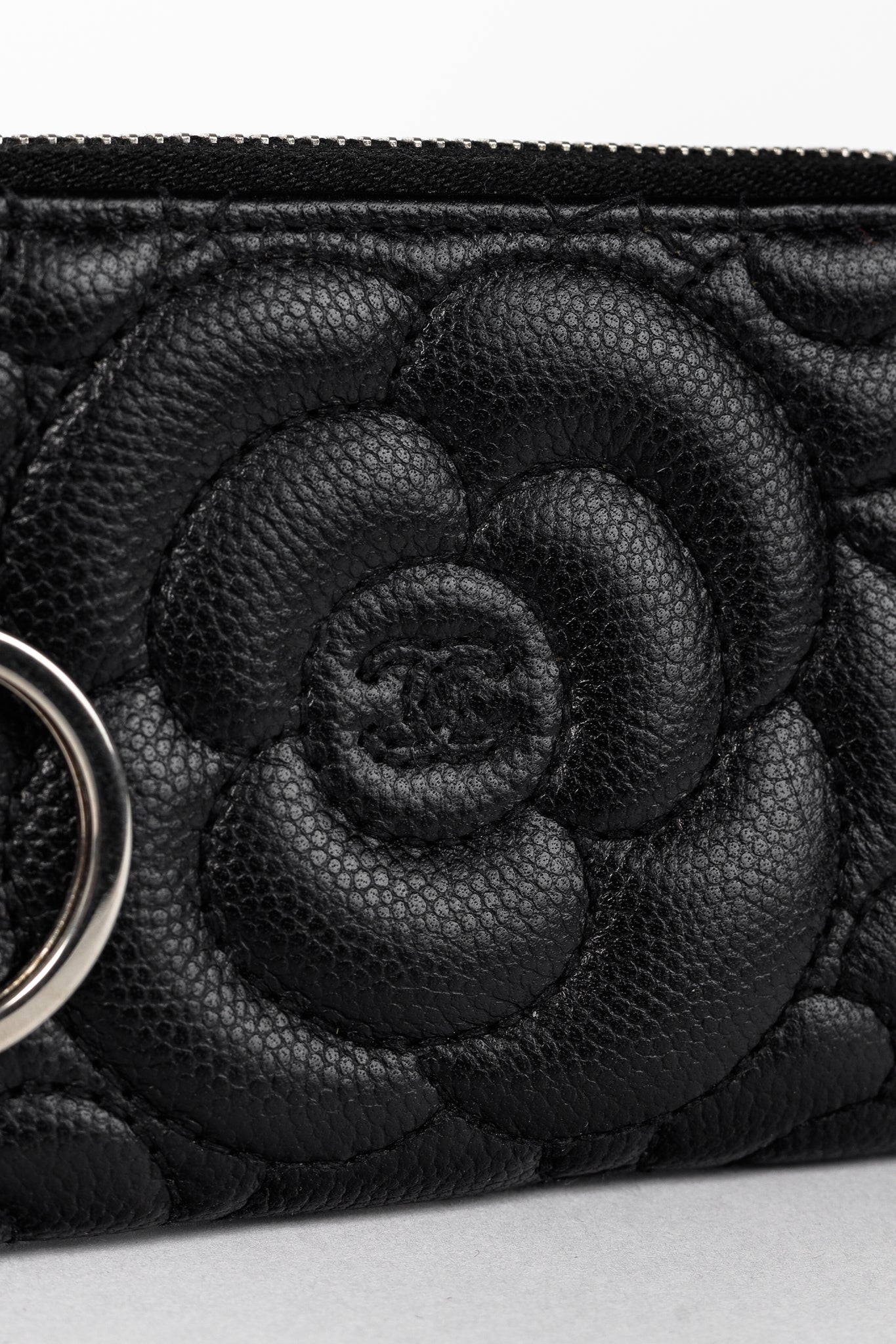 Chanel Black Caviar Leather Camellia-Embossed Key Holder