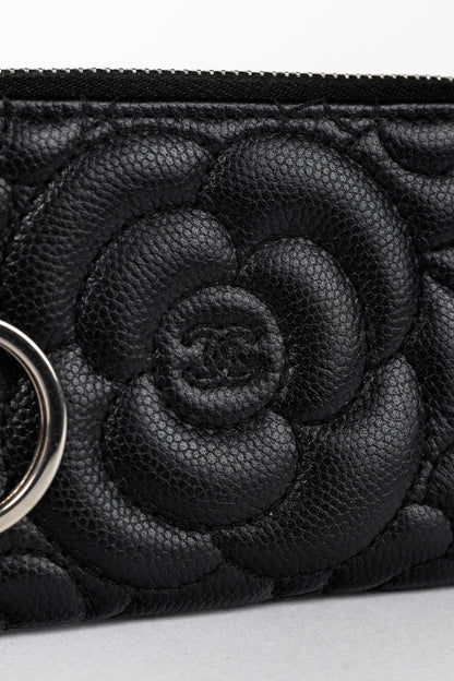 Chanel Black Caviar Leather Camellia-Embossed Key Holder