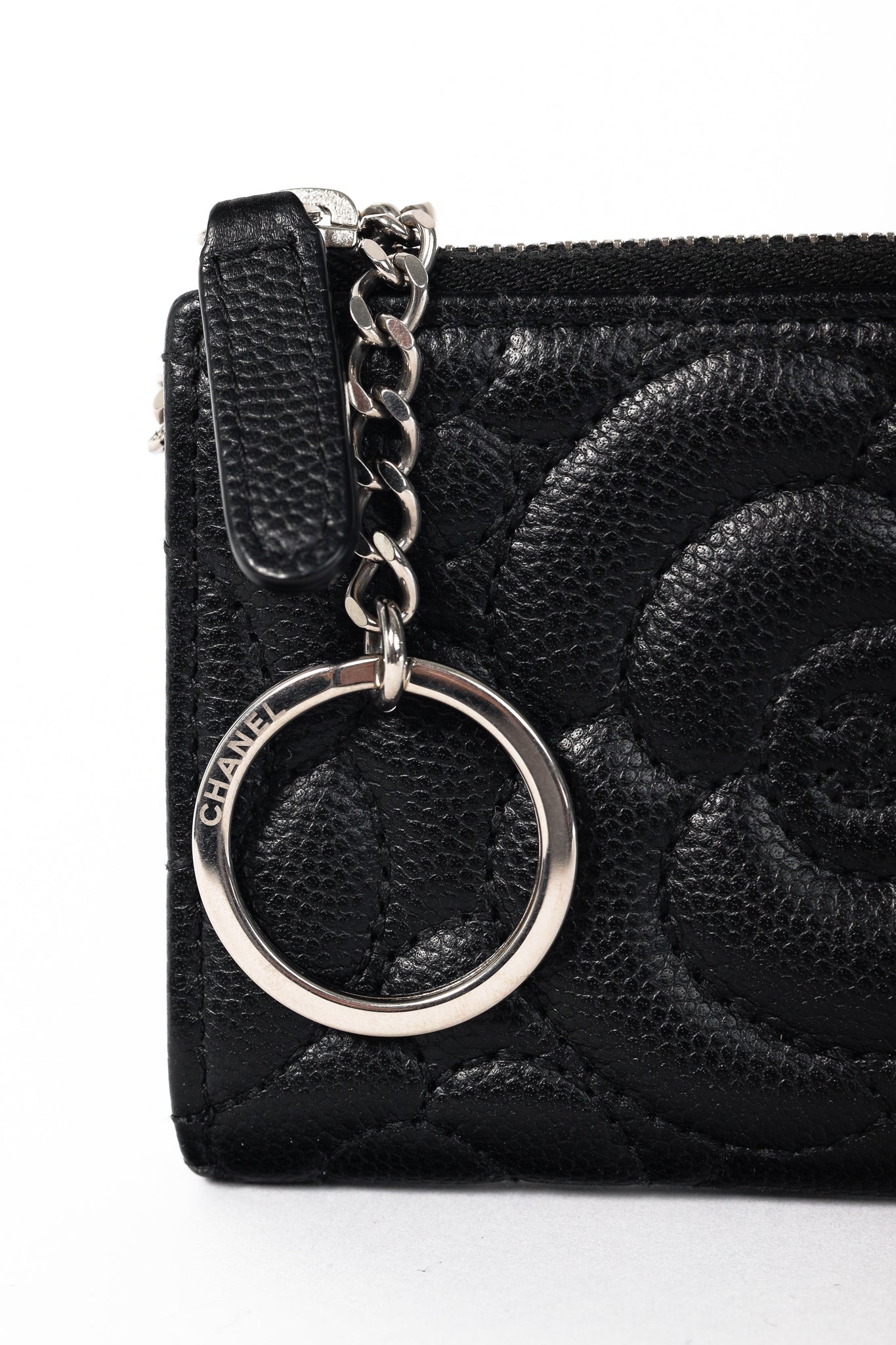 Chanel Black Caviar Leather Camellia-Embossed Key Holder