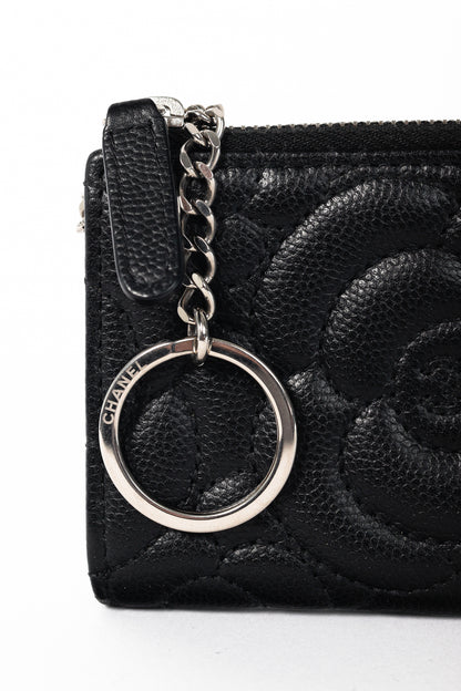 Chanel Black Caviar Leather Camellia-Embossed Key Holder