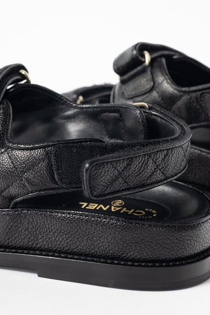 Chanel Black Caviar Quilted CC Dad Sandals