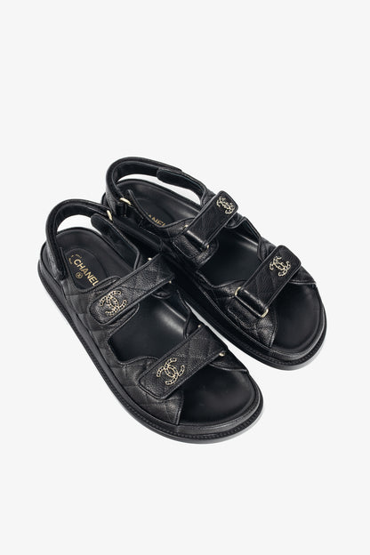 Chanel Black Caviar Quilted CC Dad Sandals