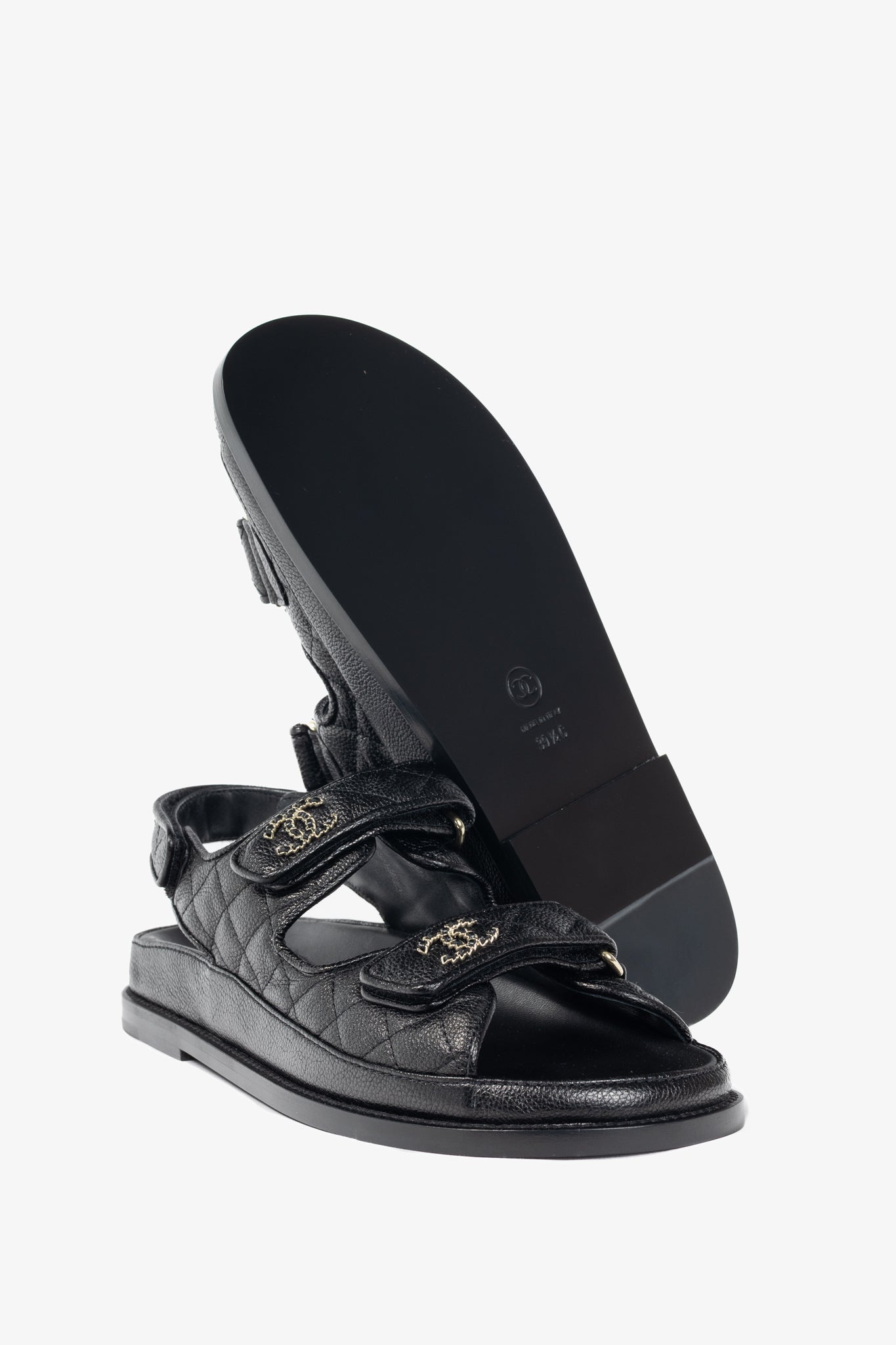 Chanel Black Caviar Quilted CC Dad Sandals