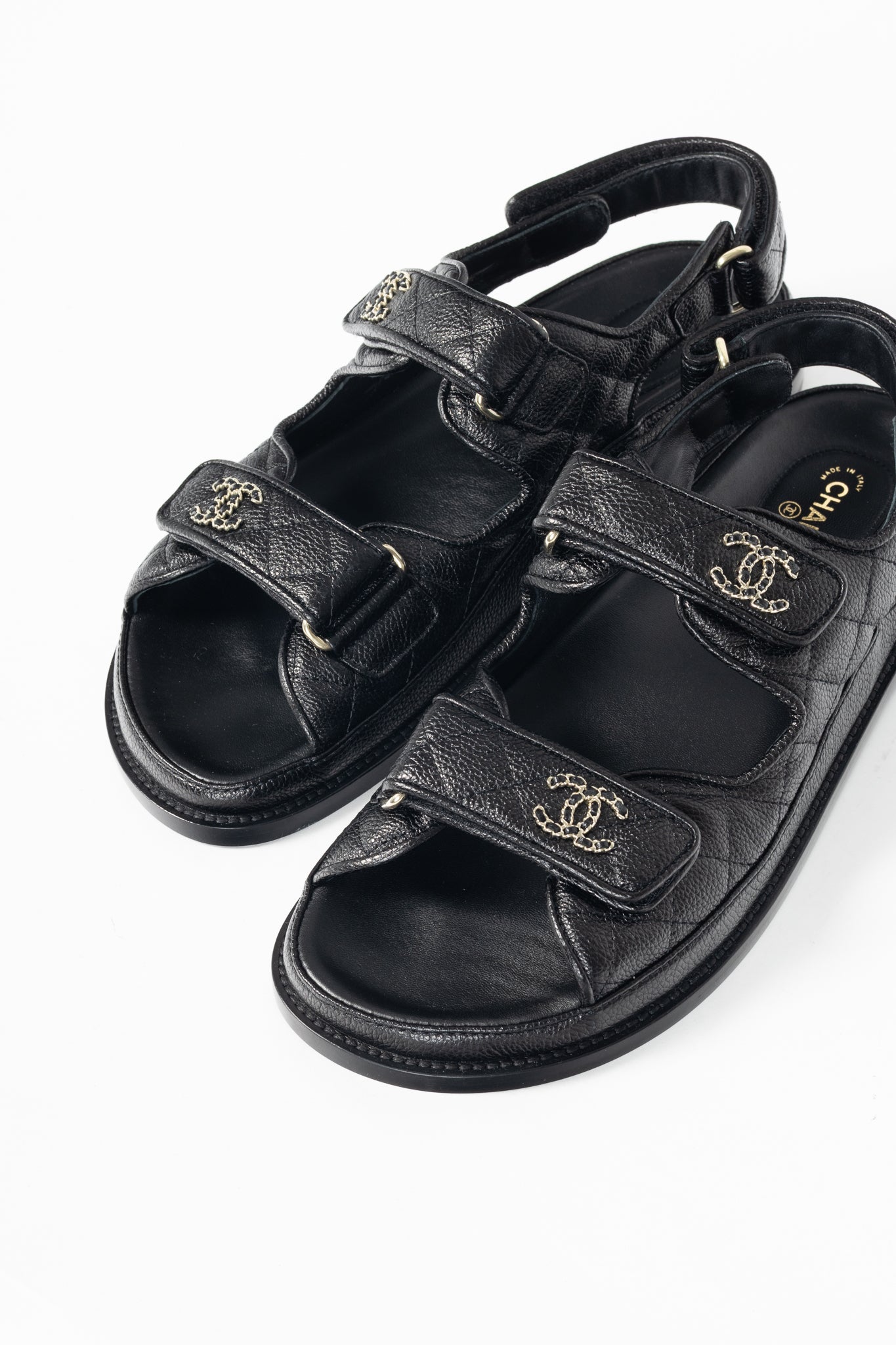Chanel Black Caviar Quilted CC Dad Sandals