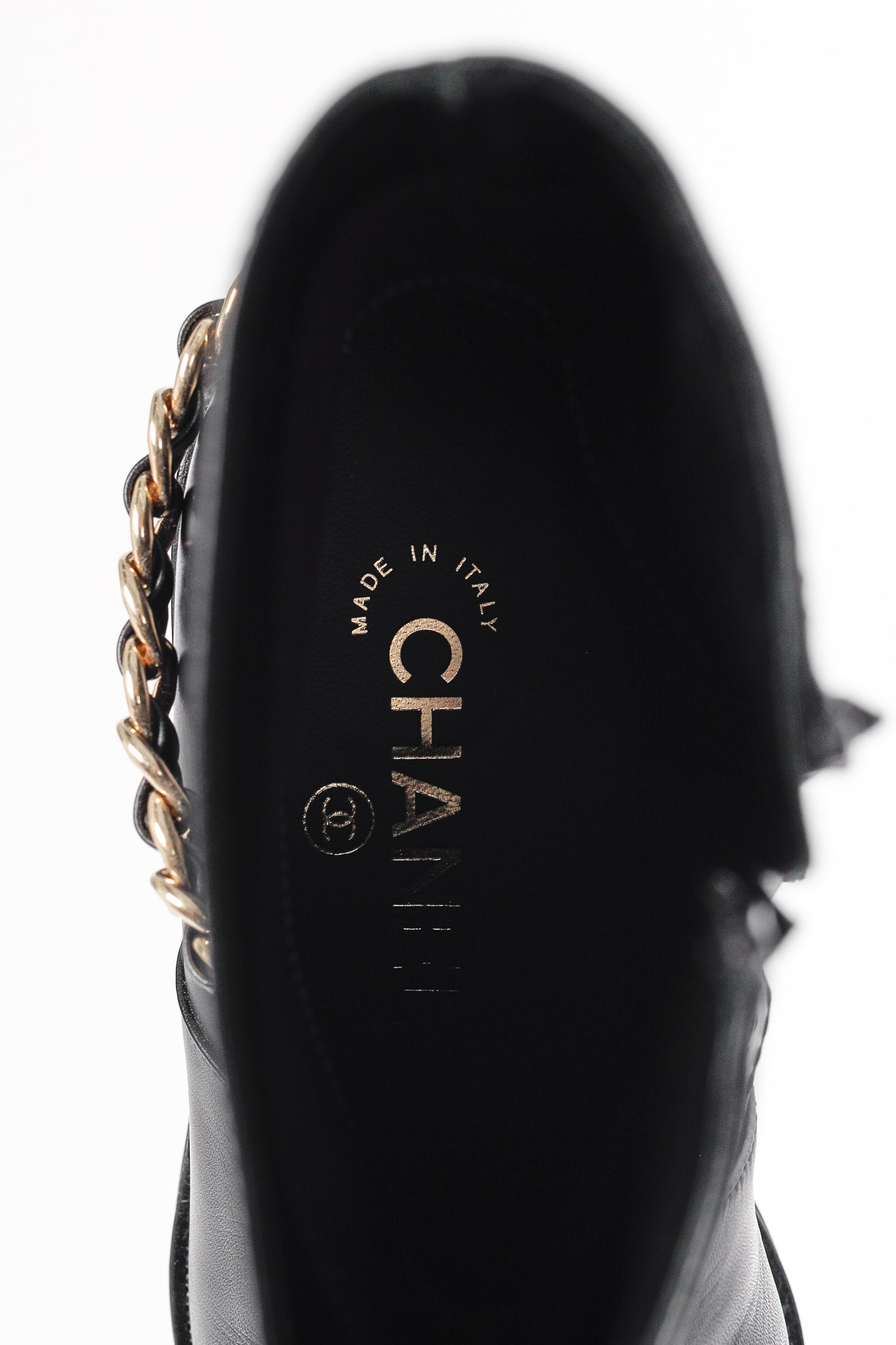Chanel 22A Black Calfskin & Metal CC Chainlink Moto Boots