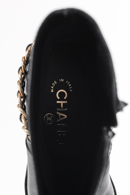 Chanel 22A Black Calfskin & Metal CC Chainlink Moto Boots