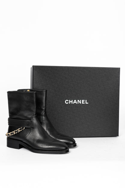 Chanel 22A Black Calfskin & Metal CC Chainlink Moto Boots
