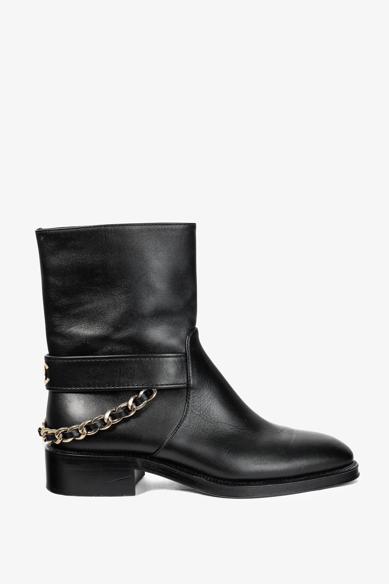 Chanel 22A Black Calfskin & Metal CC Chainlink Moto Boots