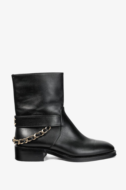 Chanel 22A Black Calfskin & Metal CC Chainlink Moto Boots