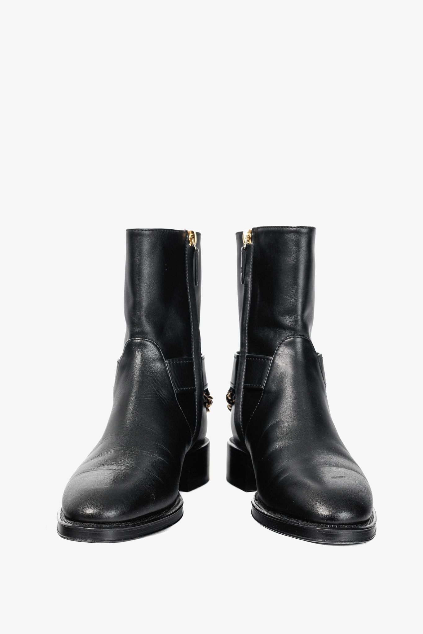 Chanel 22A Black Calfskin & Metal CC Chainlink Moto Boots