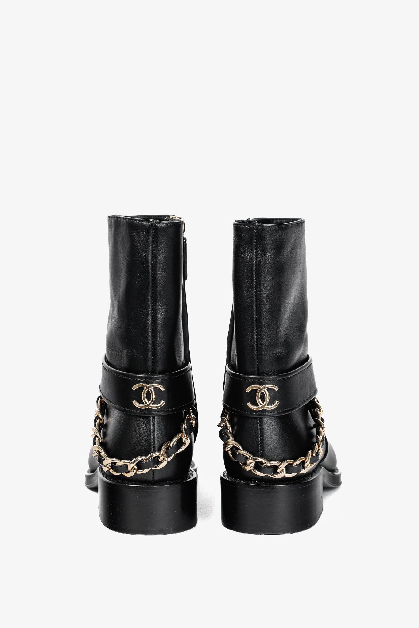 Chanel 22A Black Calfskin & Metal CC Chainlink Moto Boots