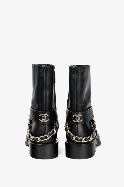 Chanel 22A Black Calfskin & Metal CC Chainlink Moto Boots