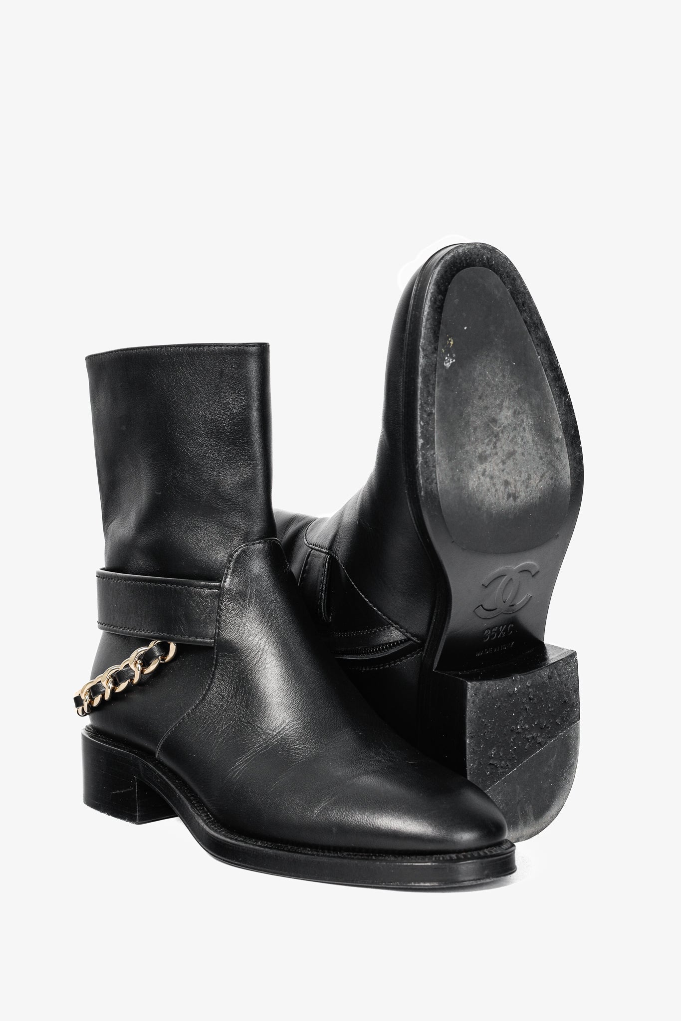 Chanel 22A Black Calfskin & Metal CC Chainlink Moto Boots