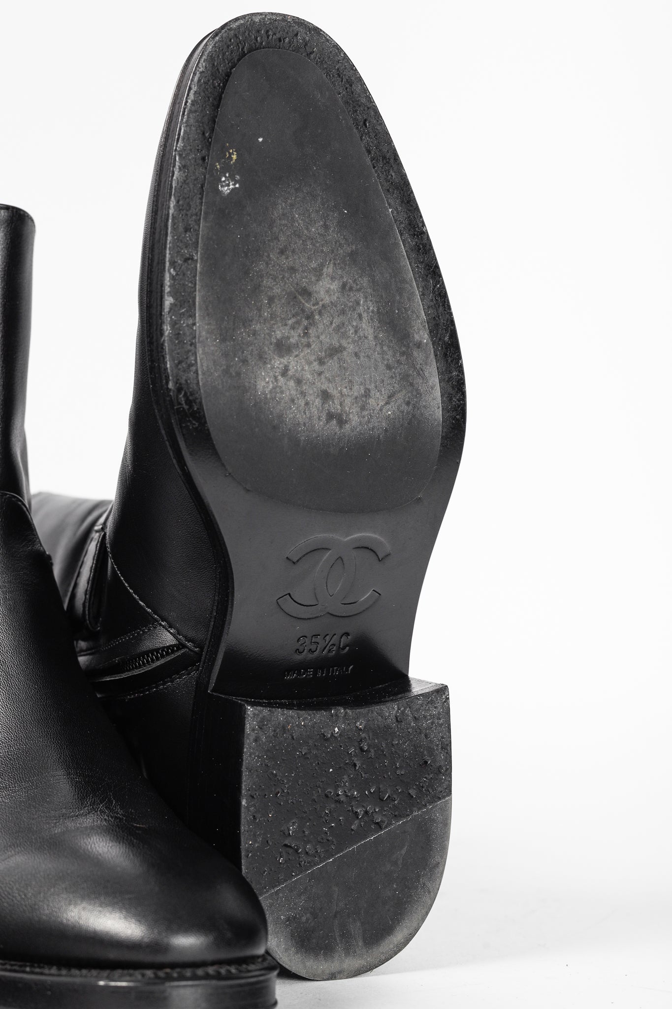 Chanel 22A Black Calfskin & Metal CC Chainlink Moto Boots