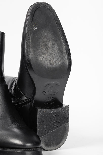 Chanel 22A Black Calfskin & Metal CC Chainlink Moto Boots
