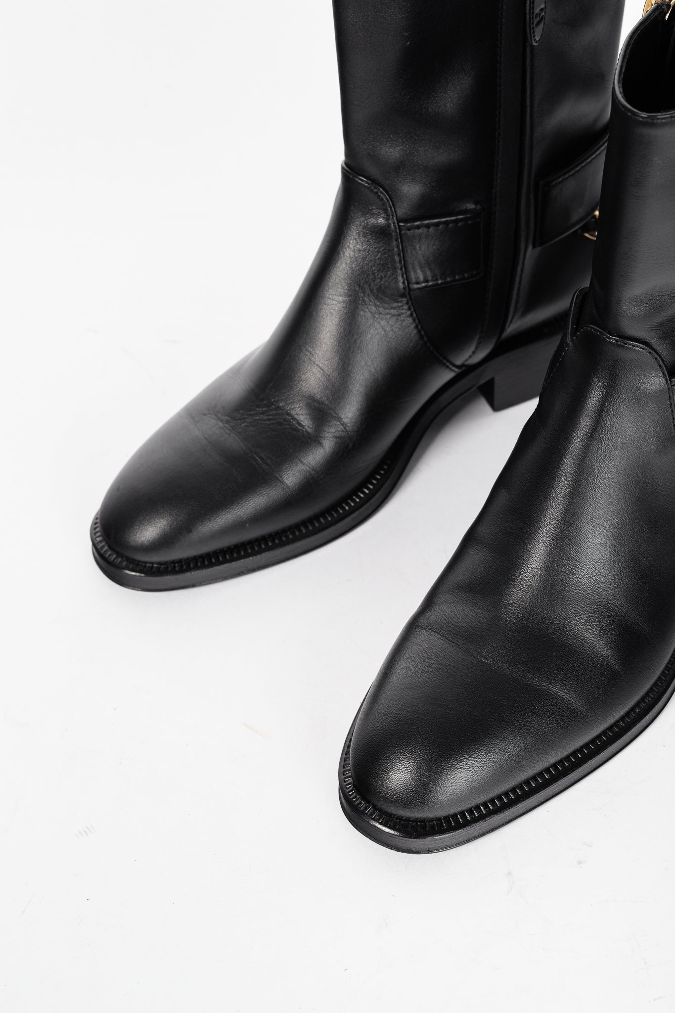 Chanel 22A Black Calfskin & Metal CC Chainlink Moto Boots