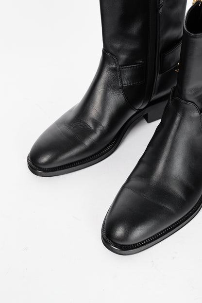 Chanel 22A Black Calfskin & Metal CC Chainlink Moto Boots