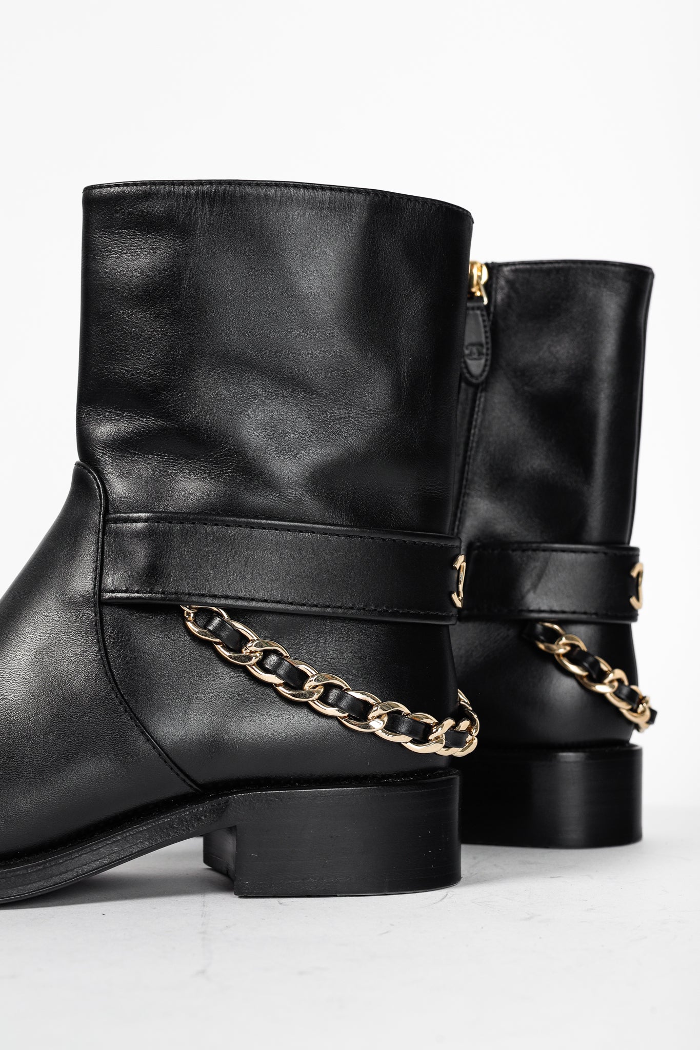 Chanel 22A Black Calfskin & Metal CC Chainlink Moto Boots