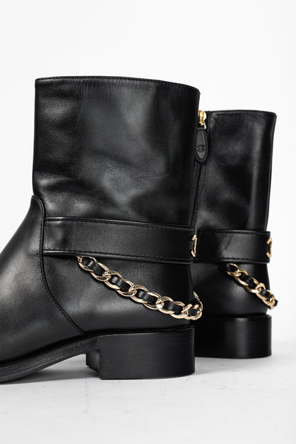 Chanel 22A Black Calfskin & Metal CC Chainlink Moto Boots
