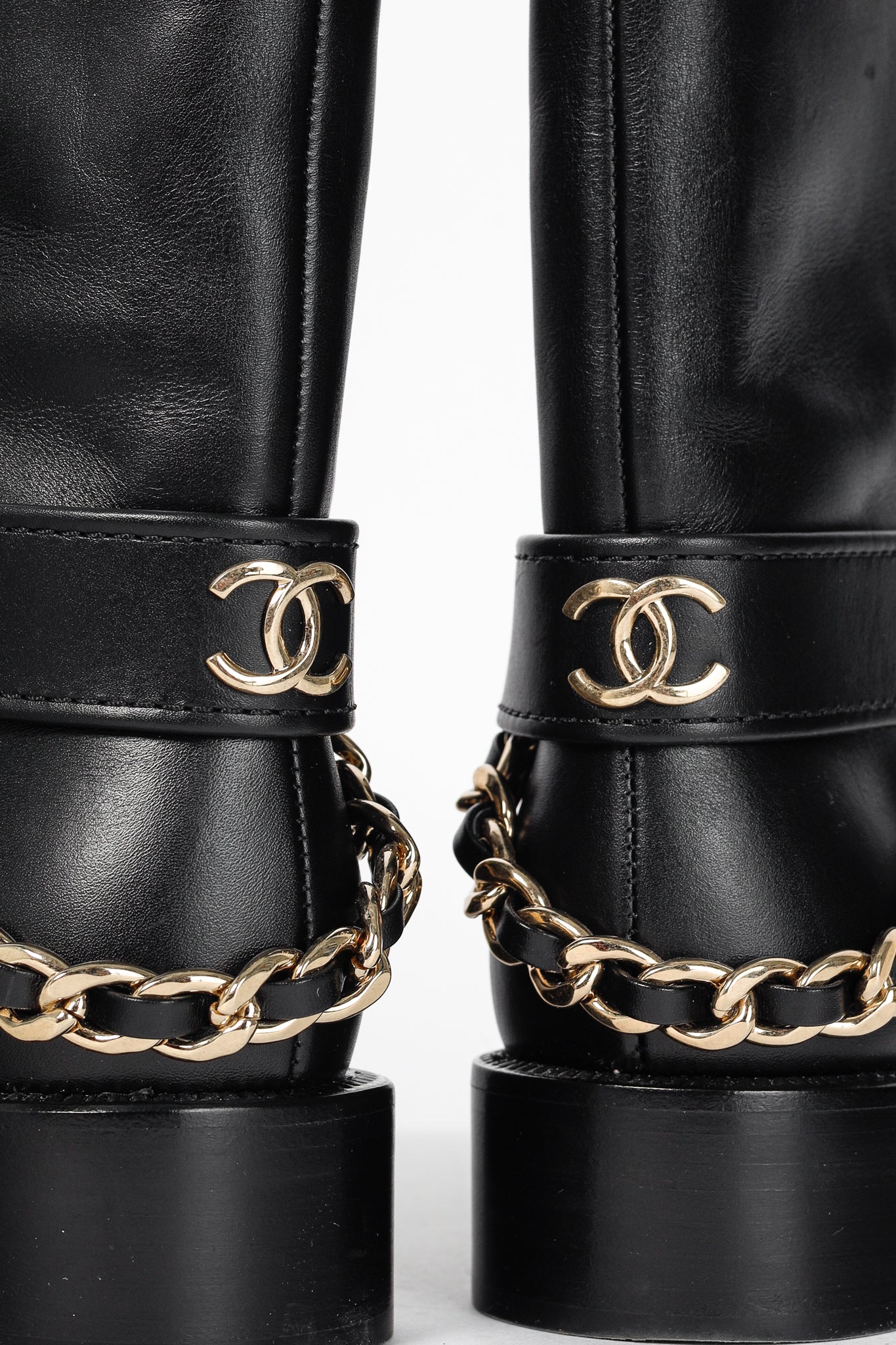 Chanel 22A Black Calfskin & Metal CC Chainlink Moto Boots