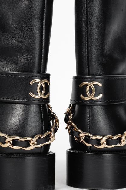 Chanel 22A Black Calfskin & Metal CC Chainlink Moto Boots