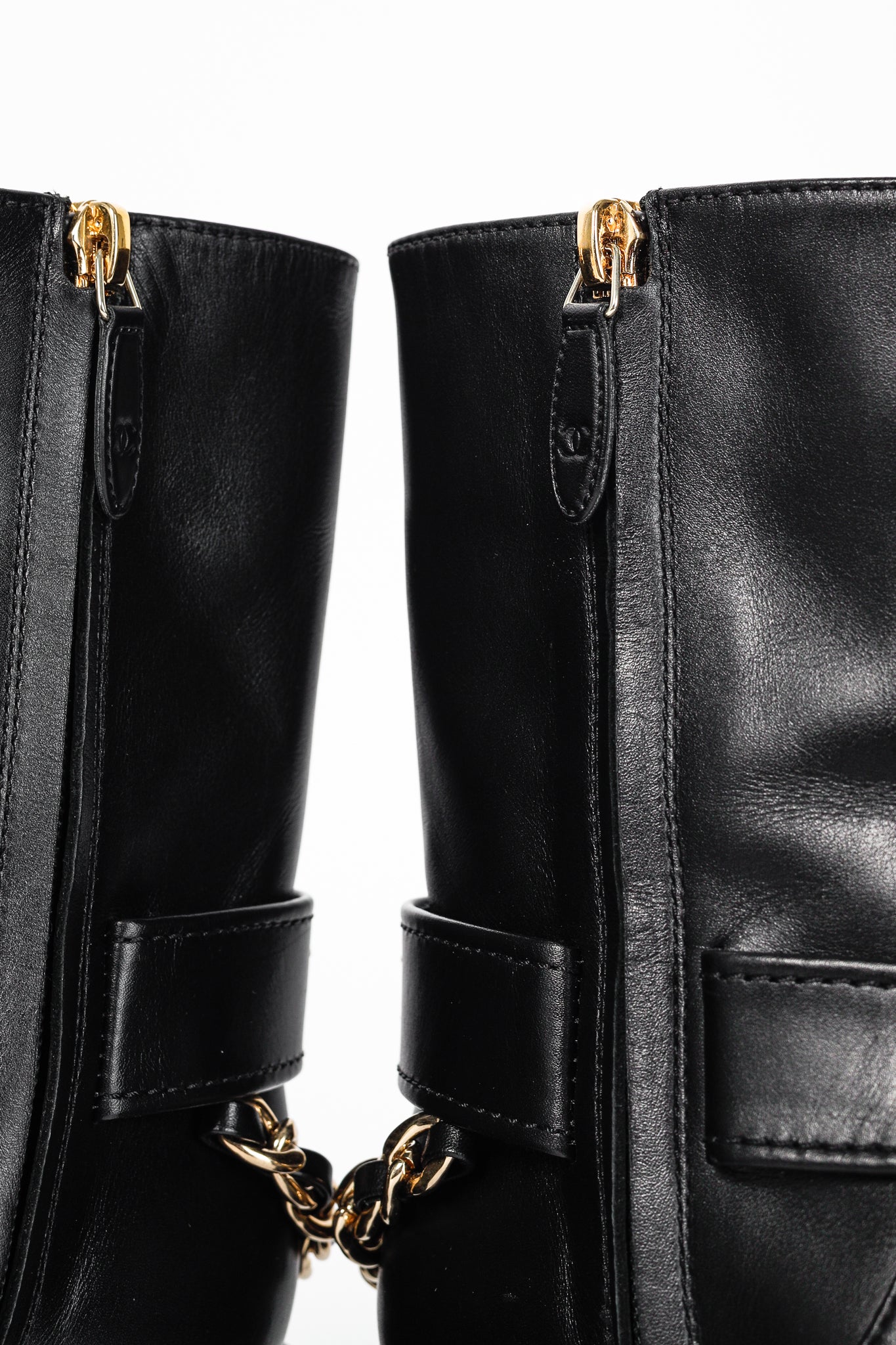 Chanel 22A Black Calfskin & Metal CC Chainlink Moto Boots