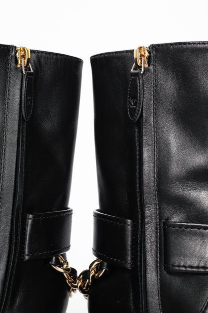 Chanel 22A Black Calfskin & Metal CC Chainlink Moto Boots