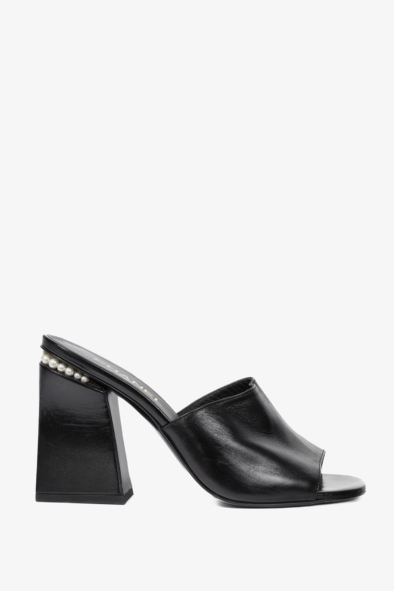 Chanel Black Leather Pearl-Embellished Heeled Mules