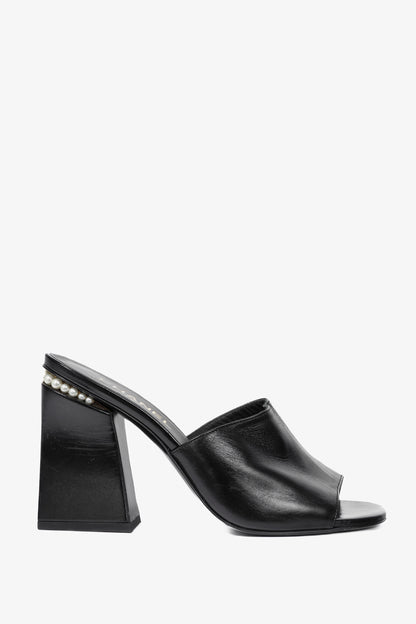 Chanel Black Leather Pearl-Embellished Heeled Mules