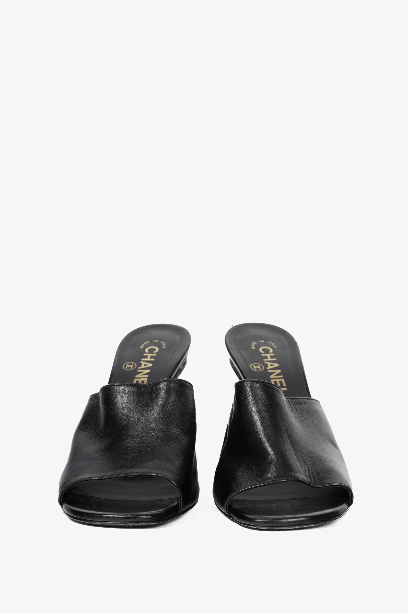 Chanel Black Leather Pearl-Embellished Heeled Mules