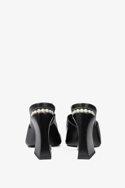 Chanel Black Leather Pearl-Embellished Heeled Mules