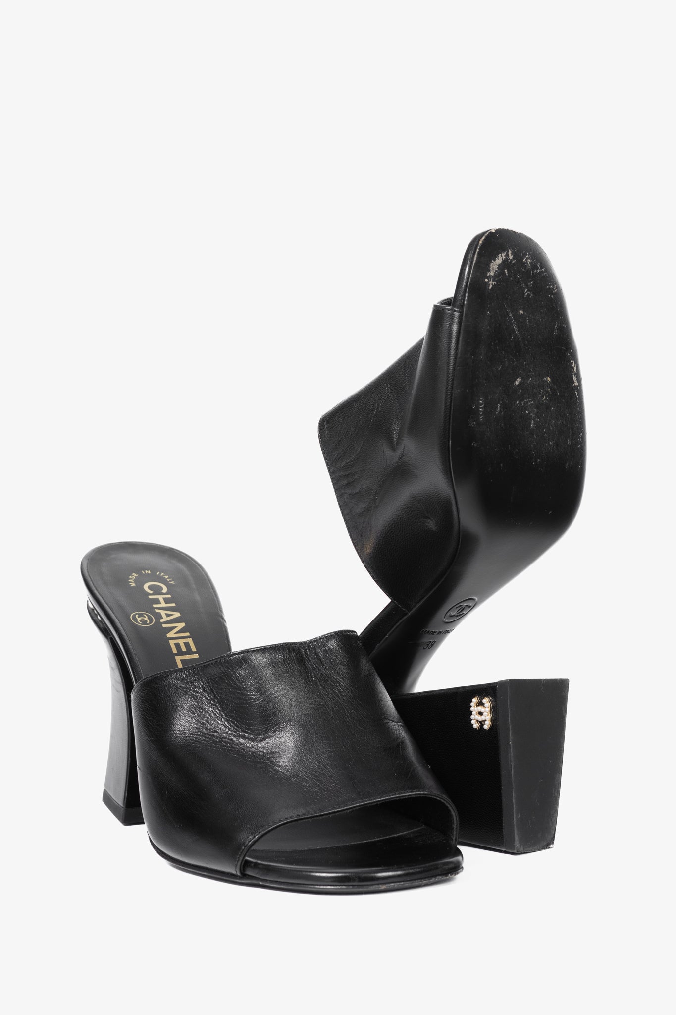 Chanel Black Leather Pearl-Embellished Heeled Mules